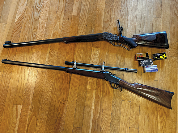 Vanwey Winchester 1885 Low Wall with a Unertl Small Game scope (6X) and an iron sighted CPA Stevens 44½.